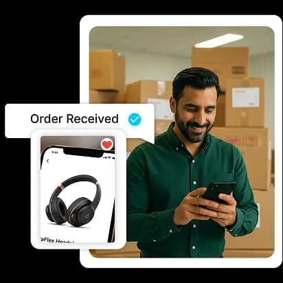 Seller with smartphone - order received, product display